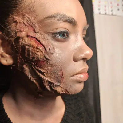 A demonstration of our DIY SFX makeup skills, creating realistic looking wounds, bruises, and scars. This is an advanced technique taught in our courses for aspiring film and theatrical makeup artists.