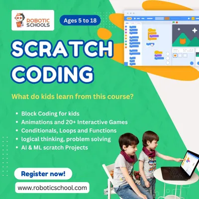 My Scratch Coding course is perfect for beginners aged 5 and up. Kids learn the fundamentals of programming by dragging and dropping code blocks to create their own interactive games, animations, and even AI projects.
