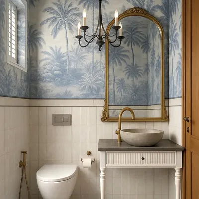 This powder room features a stunning blue palm tree wallpaper, creating a tropical and transportive feel. I paired it with a vintage-style vanity, a stone washbasin, and patterned floor tiles to complete the eclectic and memorable look.