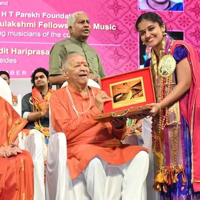 A truly blessed moment receiving the prestigious Bharat Ratna Dr. M. S. Subbulakshmi Fellowship in Music from the legendary flutist Pandit Hariprasad Chaurasia in Mumbai.