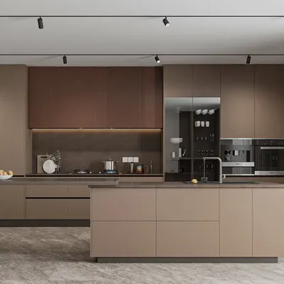 This is a full view of my Seamless Series design, featuring a large central island with an integrated sink. The layout provides ample workspace and storage, combining earthy brown tones with fluted paneling and dark accents for a sophisticated, modern look.