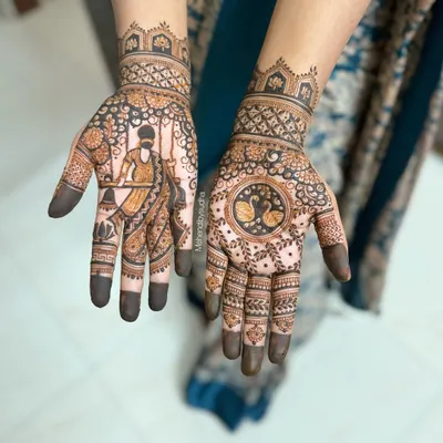 A beautiful design for the festival of Teej, featuring a woman on a swing on one palm and two swans on the other, symbolizing love and celebration. The wristbands are intricately detailed.