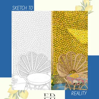 From sketch to reality: a design board showing the concept for a lemon wall backdrop and a cane peacock chair, alongside the final, beautifully executed setup. This illustrates the journey of bringing a creative vision to life.