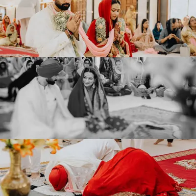 A collage of sacred moments from Rahat and Ankita's Sikh wedding. From the prayers to the final blessings, every part of the Anand Karaj ceremony was filled with grace.