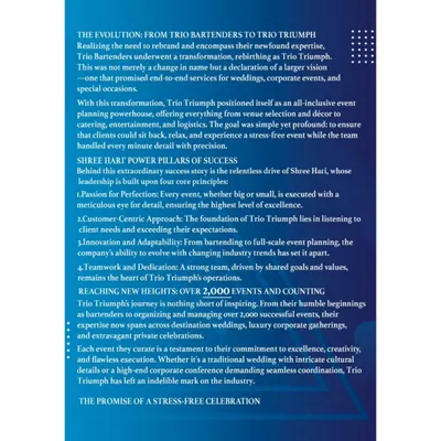 This document details our evolution from Trio Bartenders, a specialized bar service, to Trio Triumph, an all-inclusive event planning powerhouse. It outlines our core principles of perfection, customer focus, and dedication.