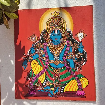 This is my 14x16 inch painting of Sri Mahavishnu, the protector of the universe. I used the traditional five colors of Kerala murals to depict his calm and powerful form, seated on a lotus.