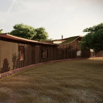 The Elephant Pavilion in Pollachi is a prototype for low-impact tourism infrastructure. The structure sits low along a trail traversed by elephants, using natural contours to shape its form and creating shaded areas for observation without interrupting the environment.
