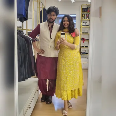 My Diwali look. I chose a bright and cheerful yellow layered kurta set. It's a perfect example of festive wear that is both traditional and comfortable for a day of celebrations with family and friends.