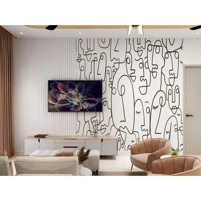The living room is where life's precious moments unfold. This space, with its artistic wallpaper and comfortable seating, is designed for making memories.