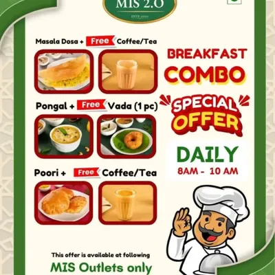Rise and shine with our breakfast combo offer. Start your day with a Masala Dosa, Pongal, or Poori, and get a free coffee or tea.
