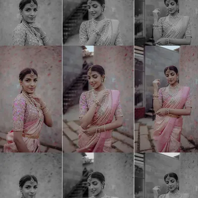 This collage presents a series of poses from a single bridal fashion shoot, showcasing the versatility of the look. It highlights the intricate embroidery on the pink blouse and the elegant drape of the saree.