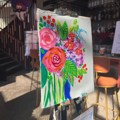 A close up of the beautiful floral abstract painting taught at one of my workshops. The vibrant colors and loose style make it a fun piece for all skill levels.