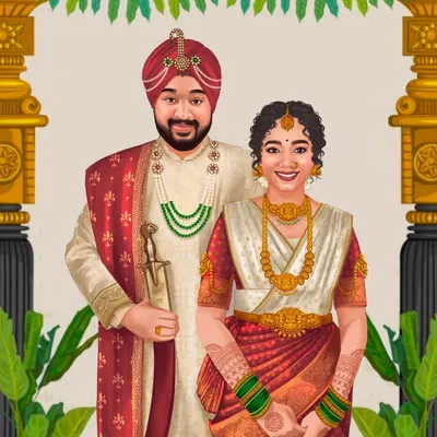 This full-length couple portrait was the centerpiece for a beautiful wedding invitation. I focused on capturing the intricate details of their Sikh and South Indian wedding attire, blending two cultures in one illustration.
