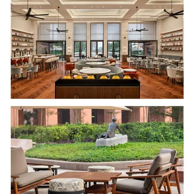 The Elevate Clubhouse in Gurugram seamlessly integrates indoor luxury with serene outdoor spaces. The top image shows the grand dining hall with its high ceilings and refined material palette, while the bottom image reveals a tranquil garden seating area, offering residents a place to connect with nature.