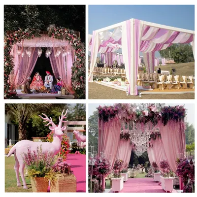 A showcase of my "Pastel & Pink" wedding theme. This includes a romantic mandap with flowing drapes, a whimsical pink deer prop for a touch of fantasy, and elegant guest seating, all in a soft, dreamy color palette.