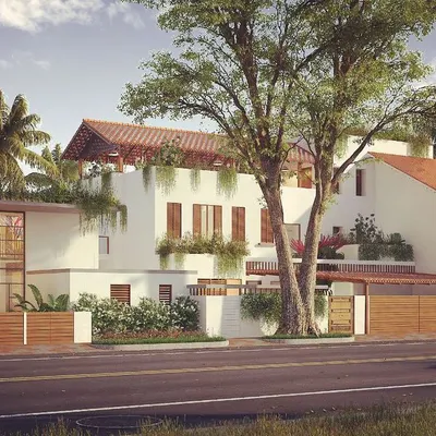 This render showcases our vernacular approach for an upcoming residence. The design incorporates traditional elements like sloped roofs, wooden shutters, and lush, integrated gardens to create a home that is both timeless and responsive to its climate.