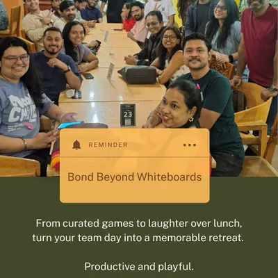 This is how we bond beyond whiteboards. A team enjoys a day of laughter, games, and lunch, turning a regular team outing into a memorable and playful retreat.