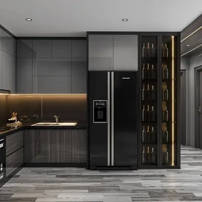 This sleek office pantry design uses a dark, sophisticated color palette with matte gray cabinets and wood-grain lower units. An integrated, backlit wine and beverage display adds a touch of luxury for after-hours events.