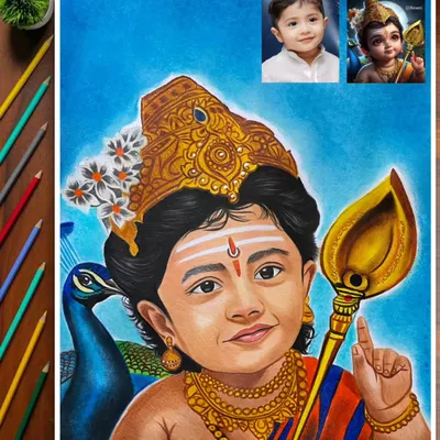 Here is a great example of my custom deity portrait service. I transformed a child's photo into this vibrant artwork of Lord Murugan, complete with his peacock and Vel.