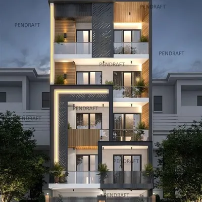 This is a proposed design for an upcoming luxury builder floor in South Delhi. The render showcases how we blend rich wooden textures with intricate metal screens and strategic lighting to enhance the facade's aesthetic appeal and create a modern look.