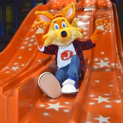 Here he comes! J the Fox makes a grand entrance on the slide, ready to bring smiles and excitement to all the Lil' Cubs.