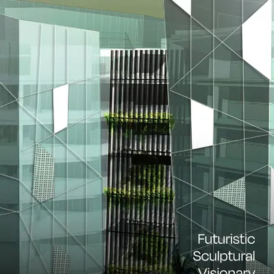 A detailed view of our visionary facade concept, showcasing the interplay between solid, transparent, and green elements. This close-up highlights the vertical green terraces integrated within a sculptural framework, blending nature with futuristic architecture.