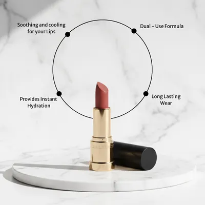 My dual-use tints are designed to be a glow booster that blends color and care. This diagram shows the core benefits: a soothing and cooling feel, instant hydration, long-lasting wear, and a versatile formula for lips and cheeks.