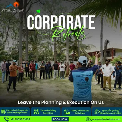 This graphic outlines our core offerings for corporate retreats. We handle everything from planning and execution to a variety of activities like team building, treks, and sports.