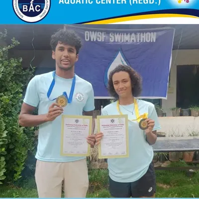 Our open water champions, Dhyan Balakrishna and Janya B.S., after their podium finishes at the SFI National Open Water Swimming Championships. Dhyan secured silver in the 5K, while Janya won bronze in both the 5K and 10K races.