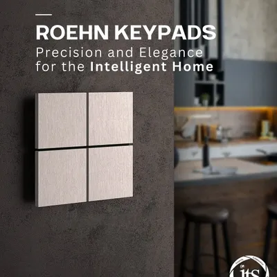 An introduction to Roehn Keypads, showcasing the minimalist ION keypad on a textured wall. This is where precision engineering and elegant design meet for the intelligent home.