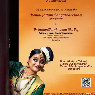 The official invitation for the maiden Mohiniyattam Arangetram presented by our Kalari, a proud moment for our entire dance family.