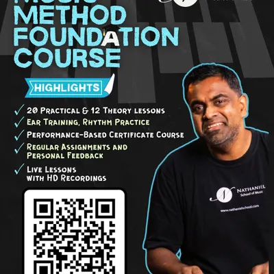 This graphic outlines the key highlights of our Music Method Foundation Course. It's a performance-based certificate program that includes 20 practical and 12 theory lessons, ear training, regular assignments with personal feedback, and HD recordings of every live lesson to support your learning.