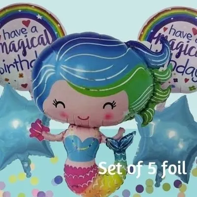 Create a magical under-the-sea party with our mermaid theme supplies. This set of five foil balloons features a cute mermaid character, two star balloons, and two round 'magical birthday' balloons.
