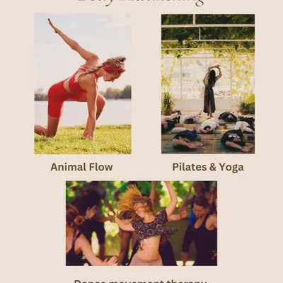 This image showcases the "Body Awakening" components of our retreats. We incorporate various forms of movement to help you connect with your body in new ways. This includes the primal, grounding movements of Animal Flow, the core-strengthening precision of Pilates, and the expressive freedom of Dance Movement Therapy.