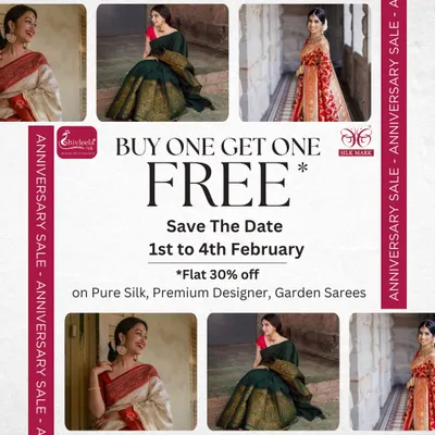 My annual anniversary sale is an event you do not want to miss. I offer promotions like "Buy One Get One Free" and flat discounts on my premium designer and pure silk sarees.