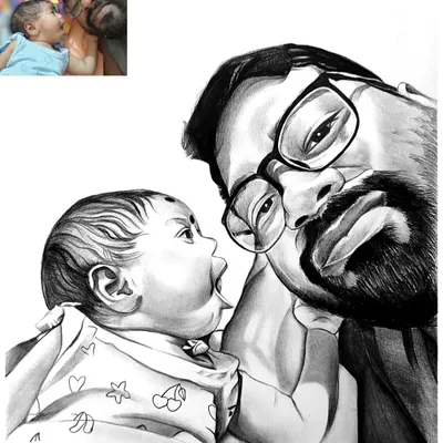 A heartwarming black and white portrait of a father and his baby daughter. I used graphite and charcoal to capture this tender moment from a selfie, focusing on the emotion and connection between them.