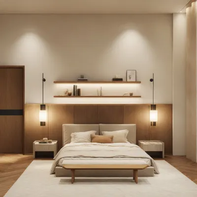 This bedroom in our Kangra project features a clean, modern design with a focus on warm wood tones. A long wooden ledge behind the bed provides space for decor and is complemented by elegant pendant lights.