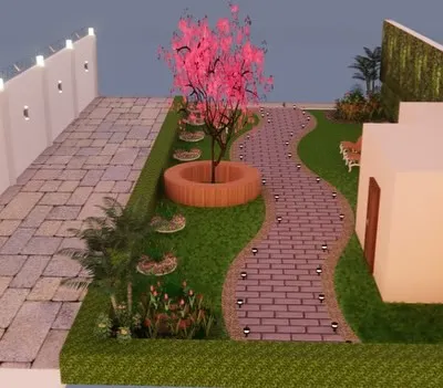 This is a 3D design concept for a residential garden. It shows the layout of the stone patio, lawn, pathways, and a feature tree with circular seating.