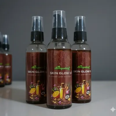 This is my Skin Glow Oil, a secret to radiant skin. It's an Ayurvedic mix of red sandalwood, manjistha, carrot, and saffron. It helps with dullness, pigmentation, and sun tan without feeling sticky.