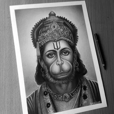 A finished portrait of Lord Hanuman, focusing on the intensity and devotion in his eyes. The detailed crown and jewelry are rendered in graphite to stand out against the soft, textured shading of his face.