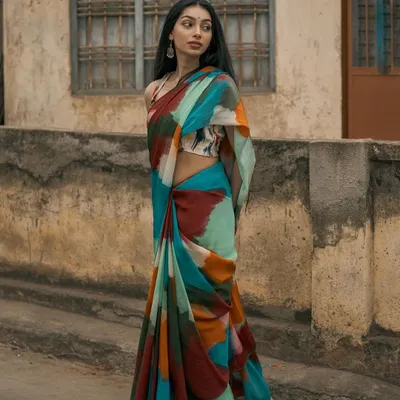 Modeling this vibrant, multi-colored saree was all about capturing its playful and artistic energy. The fluid drape and bold patterns are perfect for brands looking for a modern yet ethnic appeal.