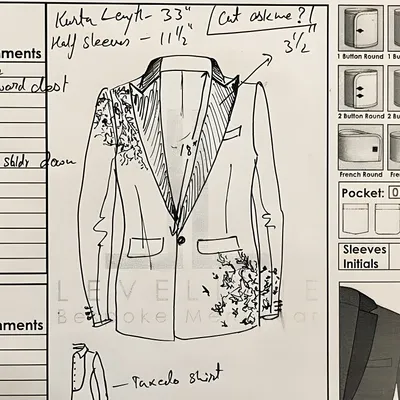 Every bespoke piece begins with a vision. Here is the initial sketch for a client's custom tuxedo shirt and embroidered jacket, where we map out the design, measurements, and unique details before a single thread is cut.