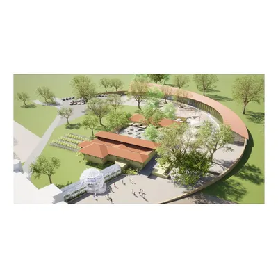 An aerial visualization of our adaptive reuse plan for an 18th-century palace precinct. The design introduces a new circular structure that organizes the space, connecting a restored glass house and stables with new public plazas and green areas.