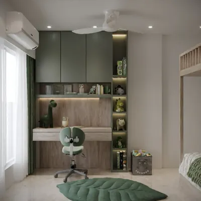 A fun and functional study area for a dinosaur-loving child. The design incorporates a built-in desk with open, backlit shelves perfect for displaying toys and books, all in a cool sage green theme.