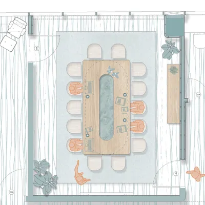 A detailed floor plan for a 5,800 sq ft office in Prabhadevi, illustrating the layout of a large boardroom. We focus on creating a natural flow and clear zoning to support different work modes, from large group meetings to individual tasks.