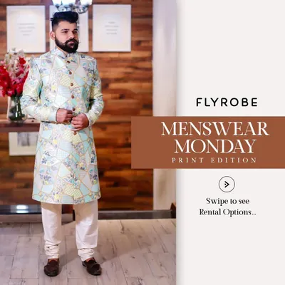 Florals are in for the 2024 wedding season. This pastel-printed Indo-western is one of our top picks for grooms and their squads who want a fresh, modern look.