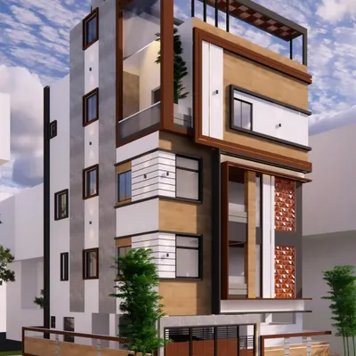 A 3D elevation concept for a modern duplex house in Yelahanka. This design explores a mix of materials, including wood-finish panels, textured paint, and decorative jaali screens.