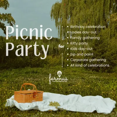 Our farm is the perfect spot for a picnic party. This graphic lists the many types of celebrations we can host, from birthdays and ladies' day-outs to corporate gatherings.