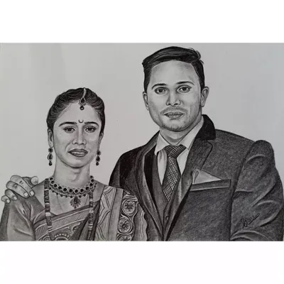 A custom A4 couple portrait capturing a special moment. This piece is ideal for an anniversary gift, showcasing the couple in both traditional and formal wear.