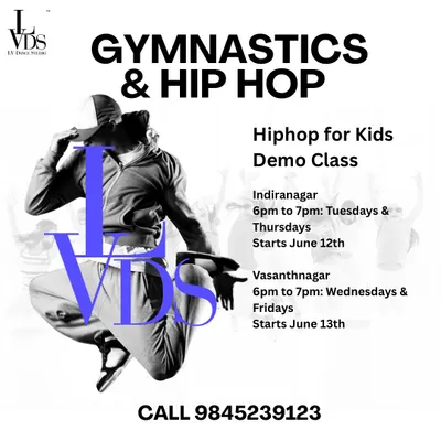 We invite you to a demo class for our kids' hip-hop program. This graphic provides the schedule and location details for our Indiranagar and Vasanthnagar studios, offering a chance to experience the training for the Dance World Cup.